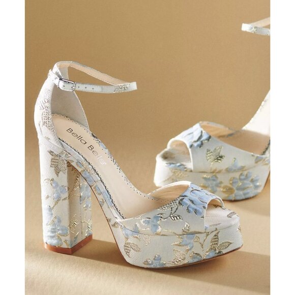 Anthropologie Bella Belle Catarina Platform Heels Blue Floral 8 - Picture 1 of 3